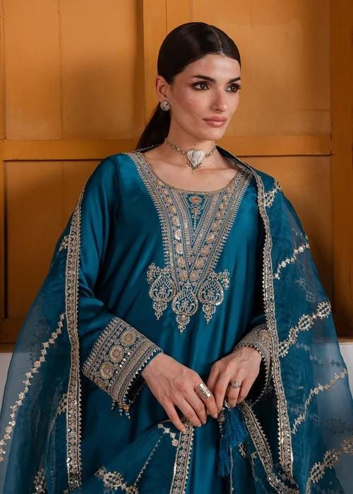 Embroidered Charmeuse Silk Palazzo Suit - 3 Piece - Teal