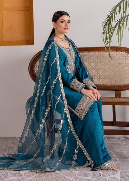 Embroidered Charmeuse Silk Palazzo Suit - 3 Piece - Teal