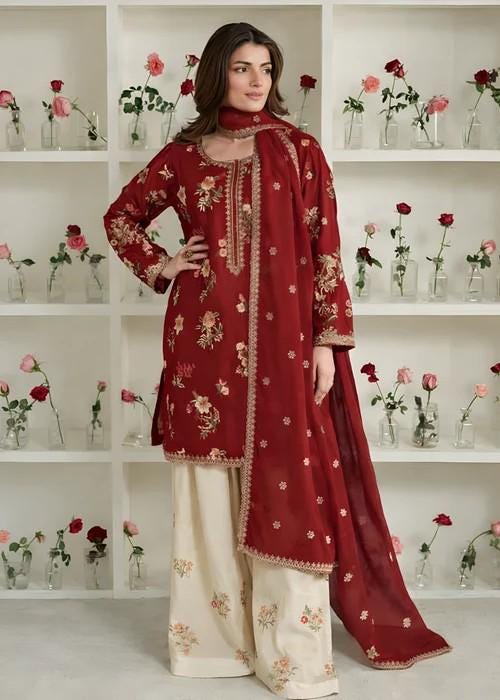 3 Piece Embroidered Charmeuse Silk Suit - Beige Raw Silk Pants