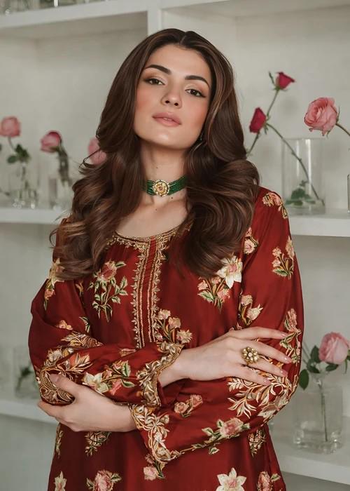 3 Piece Embroidered Charmeuse Silk Suit - Beige Raw Silk Pants