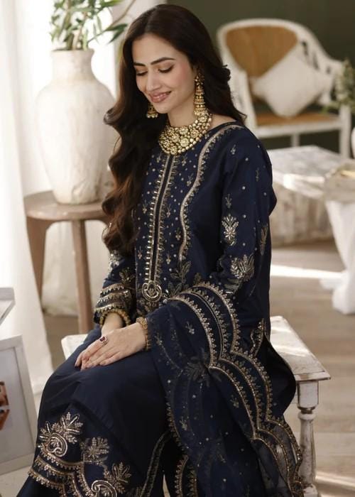Embroidered Raw Silk Suit - 3 Piece - Navy Blue