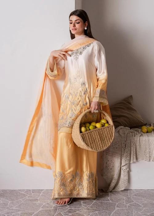 3 Piece Embroidered  Charmeuse / Shamooz Silk Palazzo Suit