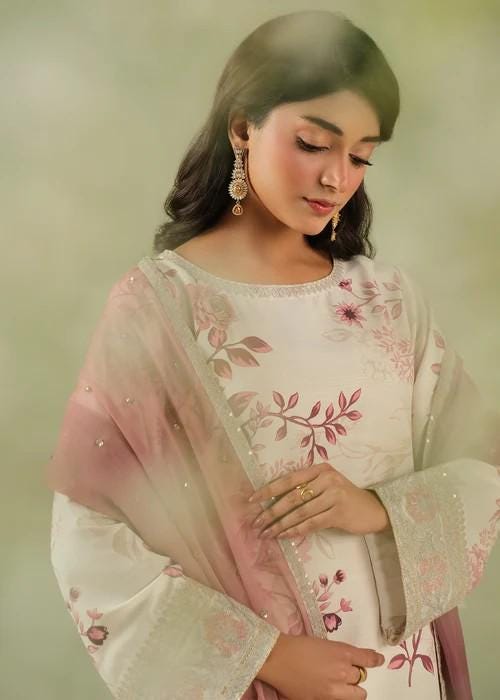 Embroidered Raw Silk Farshi Shalwar Suit - 3 Piece - Off White