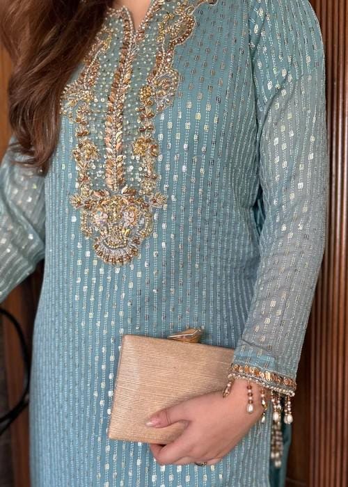 Embroidered Chiffon Sharara with Long Kurta  - Ice Blue - 3 Piece