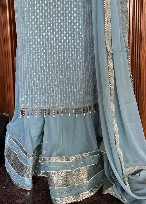 Embroidered Chiffon Sharara with Long Kurta  - Ice Blue - 3 Piece