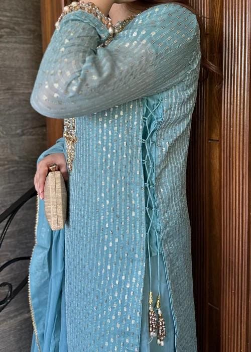 Embroidered Chiffon Sharara with Long Kurta  - Ice Blue - 3 Piece