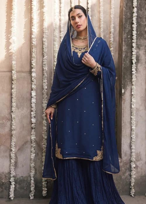 Embroidered Chiffon Sharara with Long Kurta  - Cobalt Blue - 3 Piece - Adda Work