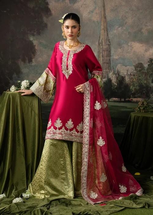Embroidered Charmeuse / Shamooz Silk Kurta Sharara Set