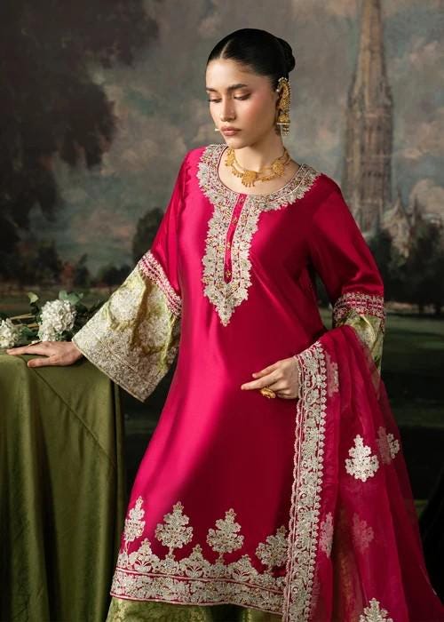 Embroidered Charmeuse / Shamooz Silk Kurta Sharara Set