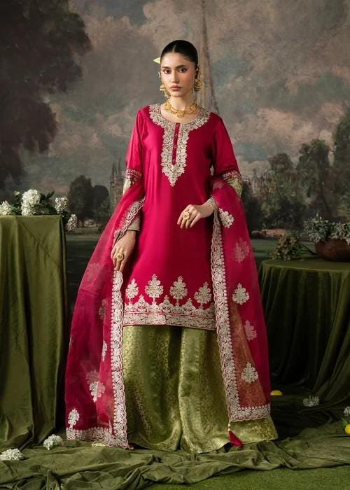 Embroidered Charmeuse / Shamooz Silk Kurta Sharara Set