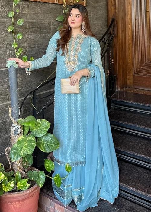 Embroidered Chiffon Sharara with Long Kurta  - Ice Blue - 3 Piece