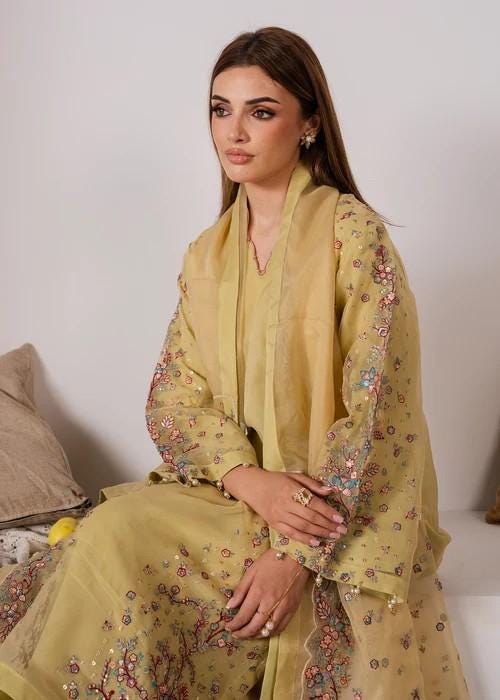 3 Piece Embroidered Organza Kurta Palazzo Suit - Lime Yellow