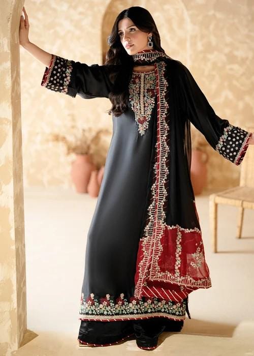 Embroidered Charmeuse / Shamooz Silk Kurta Palazzo Set