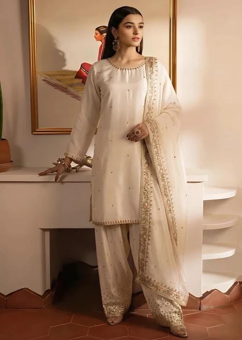 3 Piece Embroidered Silk Farshi Shalwar Suit - Beige - Chiffon Dupatta