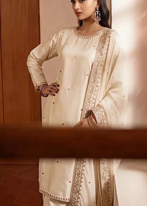 3 Piece Embroidered Silk Farshi Shalwar Suit - Beige - Chiffon Dupatta