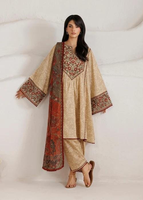Embroidered Cotton Frock Shalwar Suit - Chiffon Dupatta