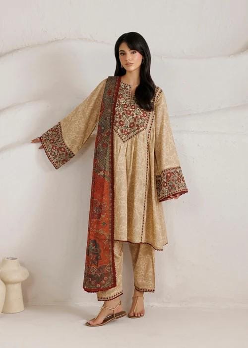 Embroidered Cotton Frock Shalwar Suit - Chiffon Dupatta