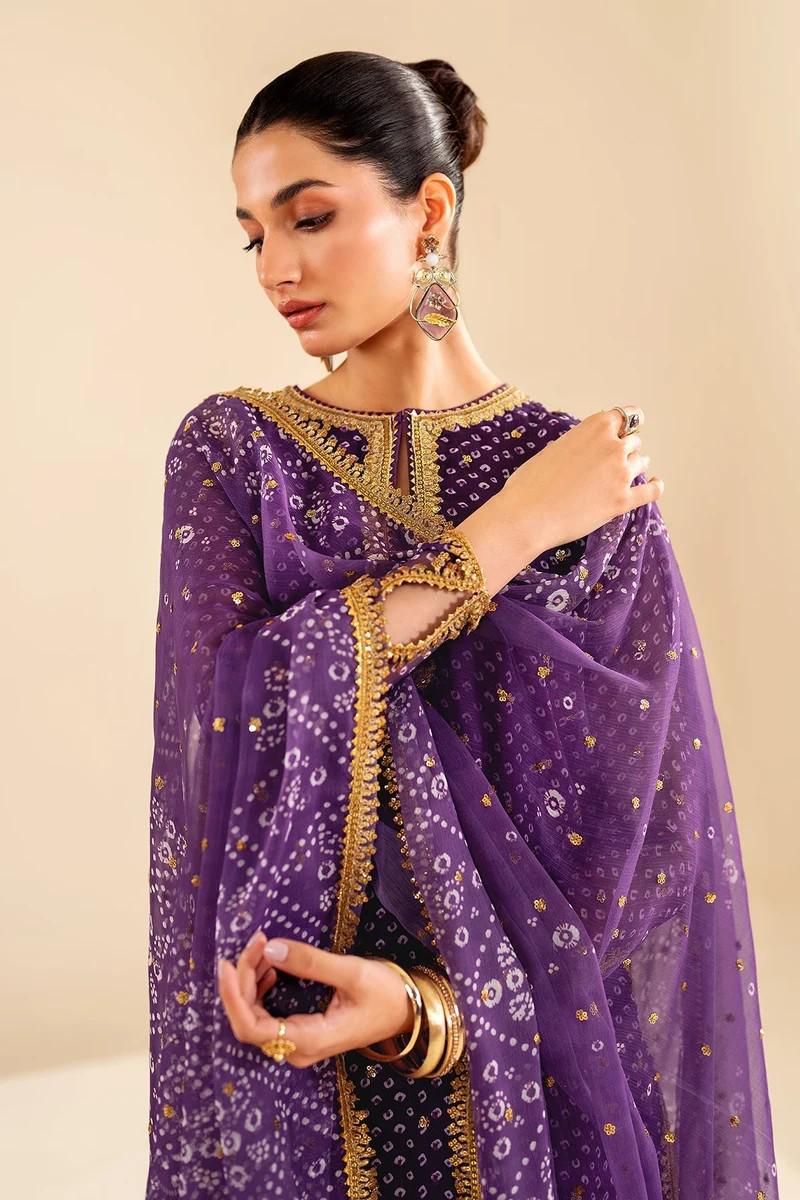 Baroque Embroidered Printed Chiffon Chunari Suit - 3 Piece - Purple