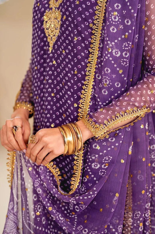 Baroque Embroidered Printed Chiffon Chunari Suit - 3 Piece - Purple