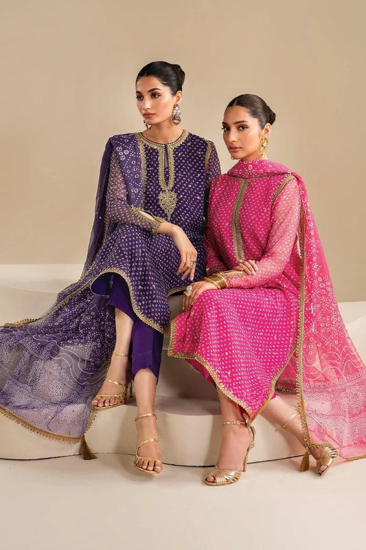 Baroque Embroidered Printed Chiffon Chunari Suit - 3 Piece - Purple