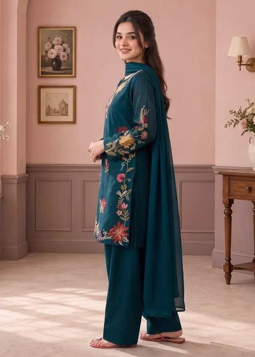 Embroidered Lawn Suit with Chiffon Dupatta - Bondi Blue