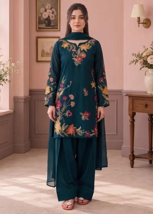 Embroidered Lawn Suit with Chiffon Dupatta - Bondi Blue