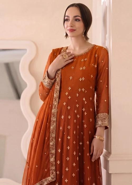 Embroidered Chiffon Maxi Suit - 3 Piece - Rust