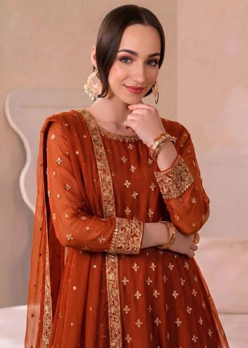 Embroidered Chiffon Maxi Suit - 3 Piece - Rust