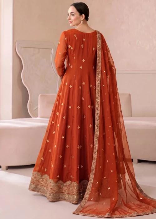 Embroidered Chiffon Maxi Suit - 3 Piece - Rust