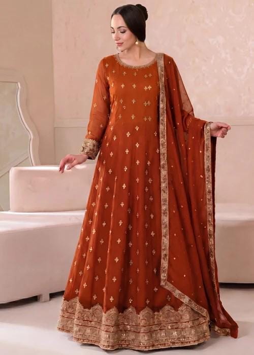 Embroidered Chiffon Maxi Suit - 3 Piece - Rust