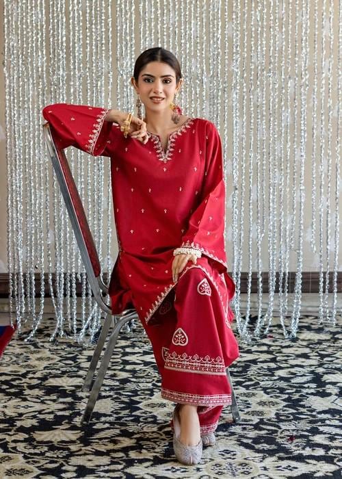 Embroidered Lawn Kurta Farshi Shalwar Suit - 2 Piece - Red