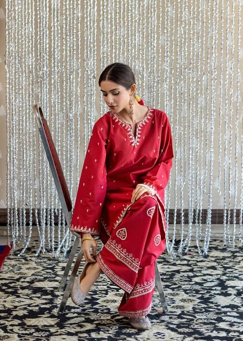 Embroidered Lawn Kurta Farshi Shalwar Suit - 2 Piece - Red