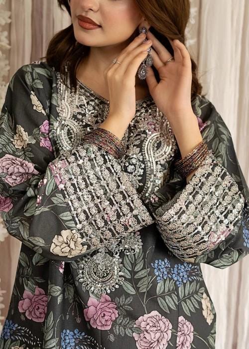 Embroidered Lawn Kurta Farshi Shalwar Suit - 2 Piece - Pink & Black