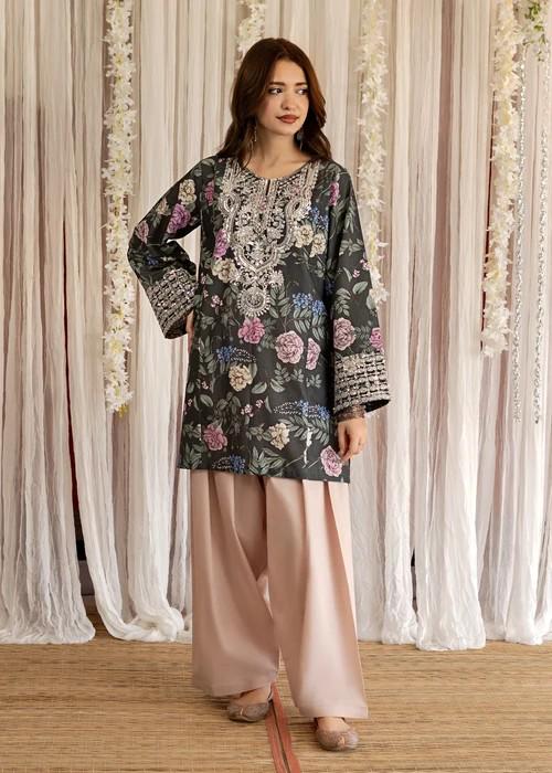 Embroidered Lawn Kurta Farshi Shalwar Suit - 2 Piece - Pink & Black