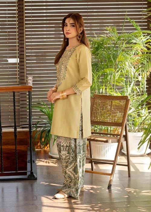 Embroidered Lawn Kurta Farshi Shalwar Suit - 2 Piece - Yellow Mellow