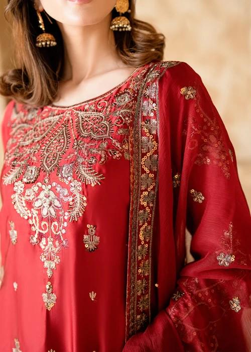 Embroidered Charmeuse / Shamooz Silk Kurta Sharara Suit with Antique Gold Zardozi Work