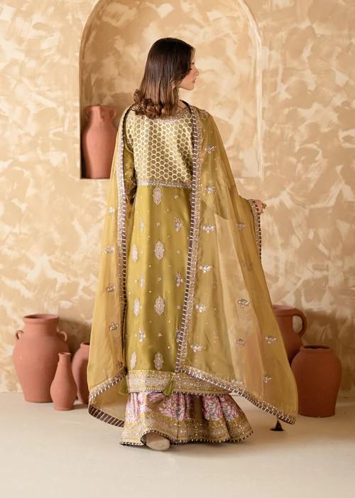 Embroidered Chiffon /Charmeuse Kurta Sharara Suit - Gold Zari Work