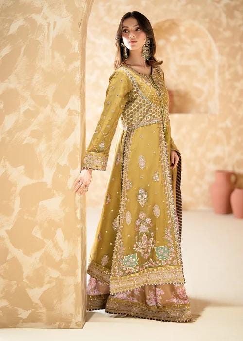 Embroidered Chiffon /Charmeuse Kurta Sharara Suit - Gold Zari Work
