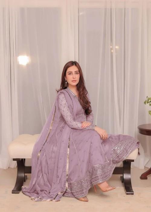 Embroidered Chiffon Anarkali Dress - 3 Piece - Mauve Pink