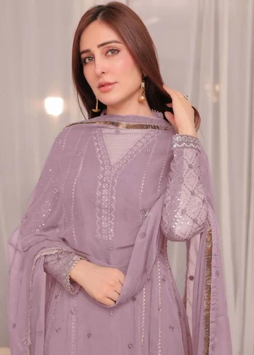 Embroidered Chiffon Anarkali Dress - 3 Piece - Mauve Pink