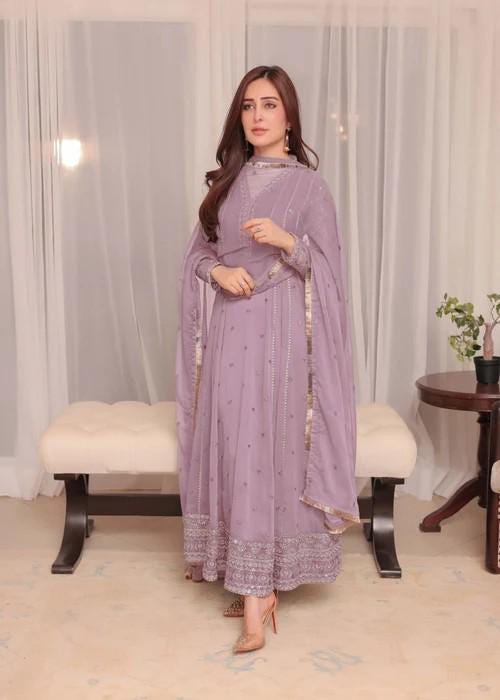 Embroidered Chiffon Anarkali Dress - 3 Piece - Mauve Pink