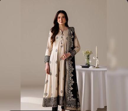 3 Piece Printed Beige & Black Frock Suit