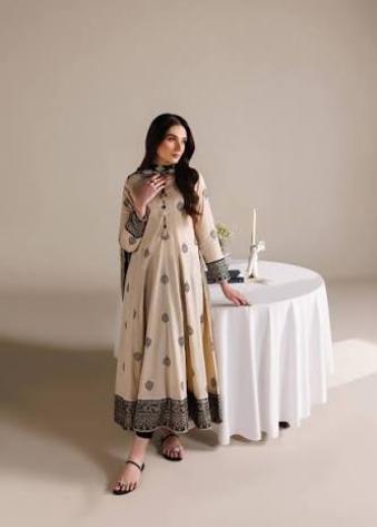 3 Piece Printed Beige & Black Frock Suit