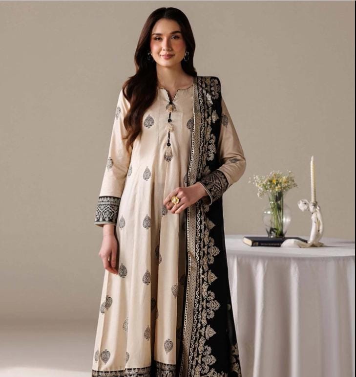 3 Piece Printed Beige & Black Frock Suit