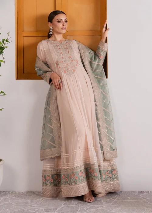 Peach Pink Chiffon Maxi Dress - 3 Piece Designer Wear