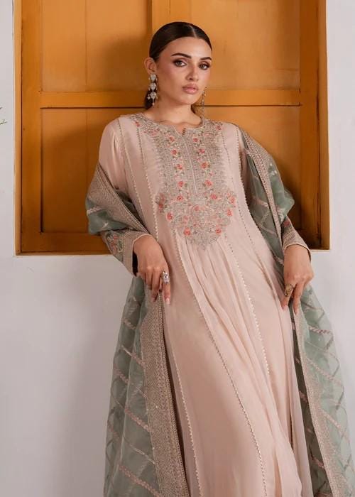 Peach Pink Chiffon Maxi Dress - 3 Piece Designer Wear