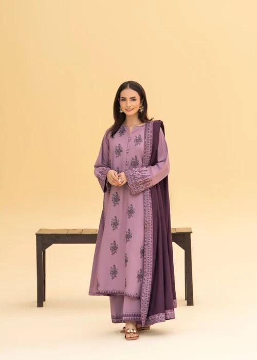 Embroidered Linen Kurta Set Suit - 3 Piece - Mauve Pink