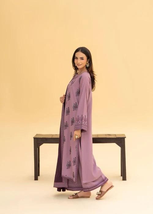 Embroidered Linen Kurta Set Suit - 3 Piece - Mauve Pink