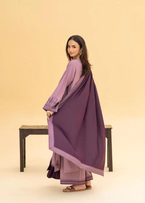 Embroidered Linen Kurta Set Suit - 3 Piece - Mauve Pink