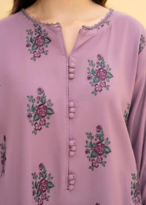 Embroidered Linen Kurta Set Suit - 3 Piece - Mauve Pink